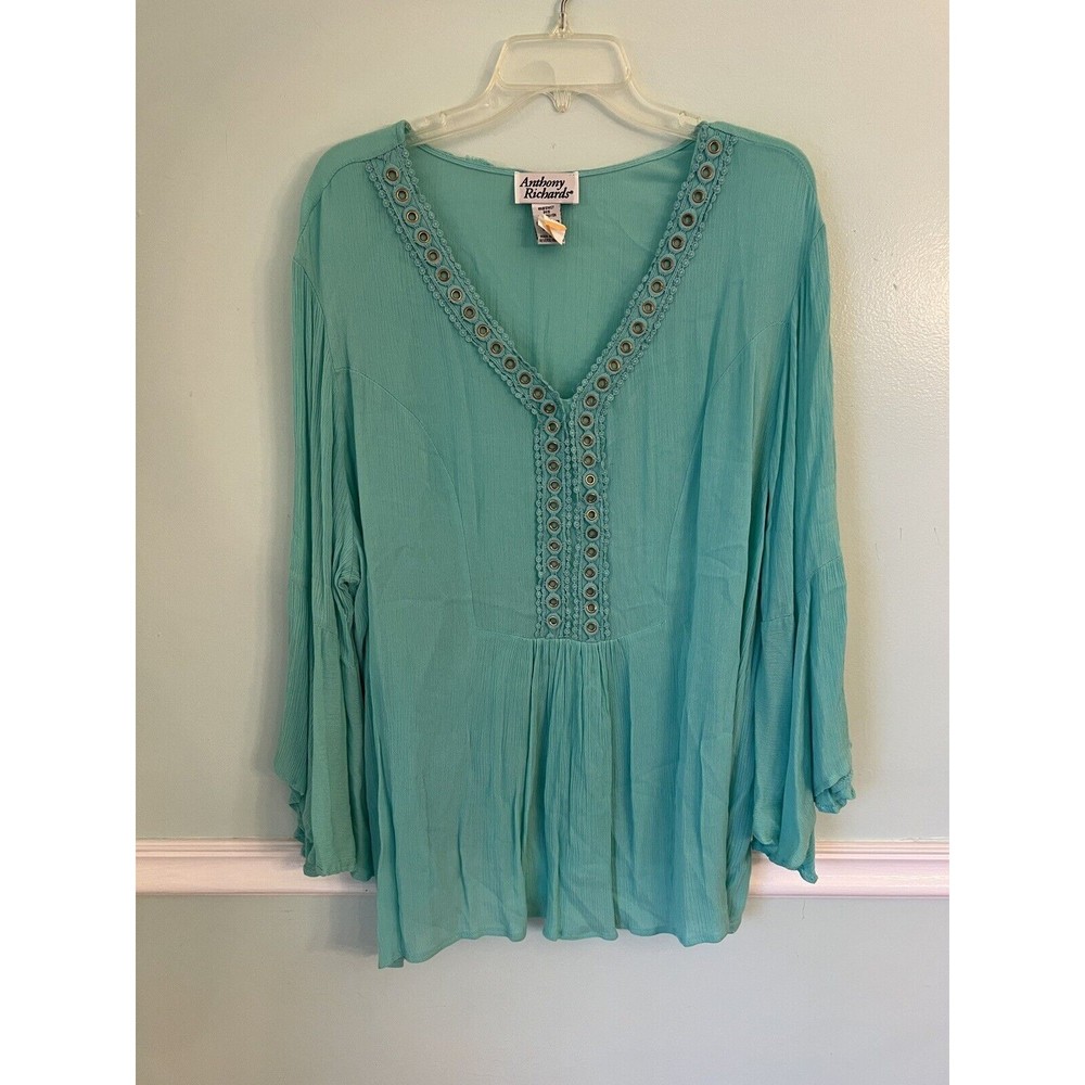 Anthony Richards Women's Tunic Top 2X Turquoise Rayon Metal Flowy‎